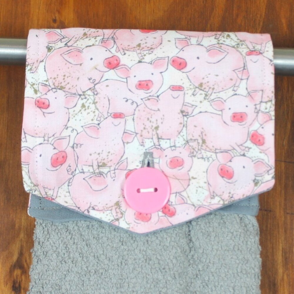 PIG COLLAGE HAND TOWEL PINK & GRAY HANDMADE HANGING KITCHEN GRAY COTTON TOWEL